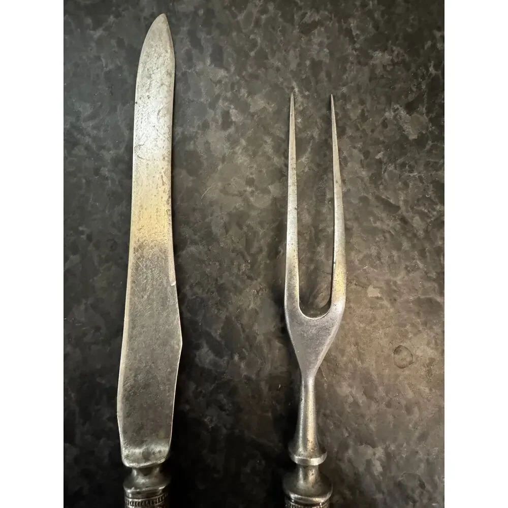 Antique Stag Handle Carving Knife & Fork Set Silver Ferrule Victorian Era